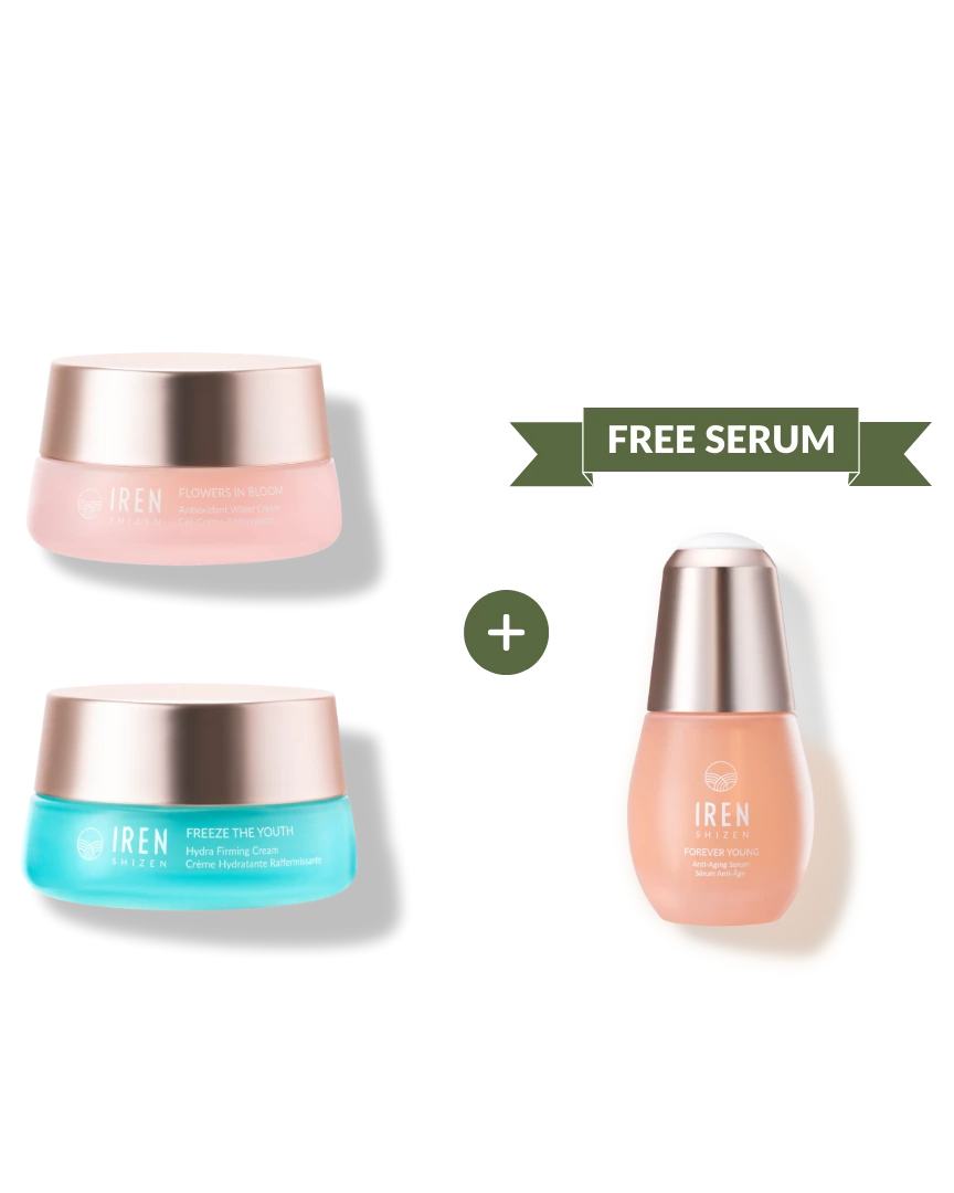 The MOISTURE SANDWICH Skincare Kit by IREN Shizen features two colorful jars and a pink "FREE SERUM" bottle on a white background—ideal for boosting hydration and enhancing serum absorption. #show-lang-en #all-groups