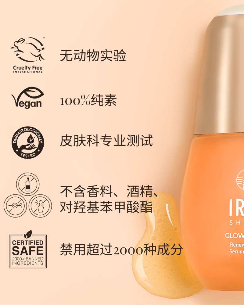 GLOW-GETTER Renewal Serum by IREN Shizen is enriched with Glycolic Acid, cruelty-free, vegan, dermatologically tested, fragrance-free, and alcohol-free. It is certified safe from 2000 banned ingredients. Text in Chinese. #show-lang-zh-cn #all-groups