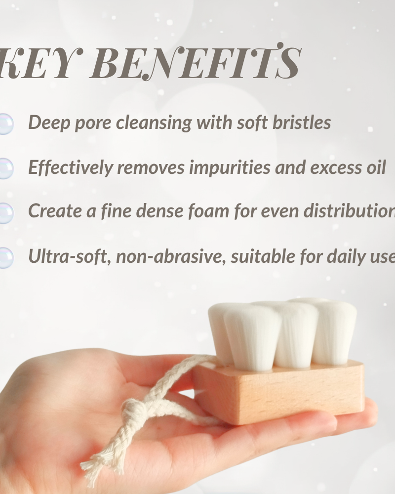 A hand holds the IREN Shizen Facial Cleansing Brush with ultra-soft bristles; text highlights benefits like gentle cleanse, deep cleaning, impurity removal, and daily use suitability.