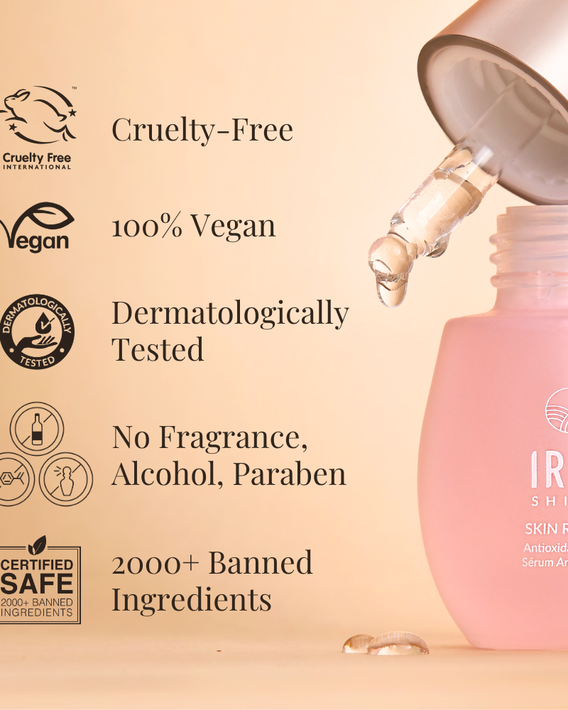 The SKIN REBOOT Antioxidant Serum by IREN Shizen comes in a pink bottle with dropper, features pomegranate extract, reduces dark circles, is cruelty-free, vegan, dermatologically tested, fragrance/alcohol/paraben-free, and bans 2000+ ingredients.
#show-lang-en