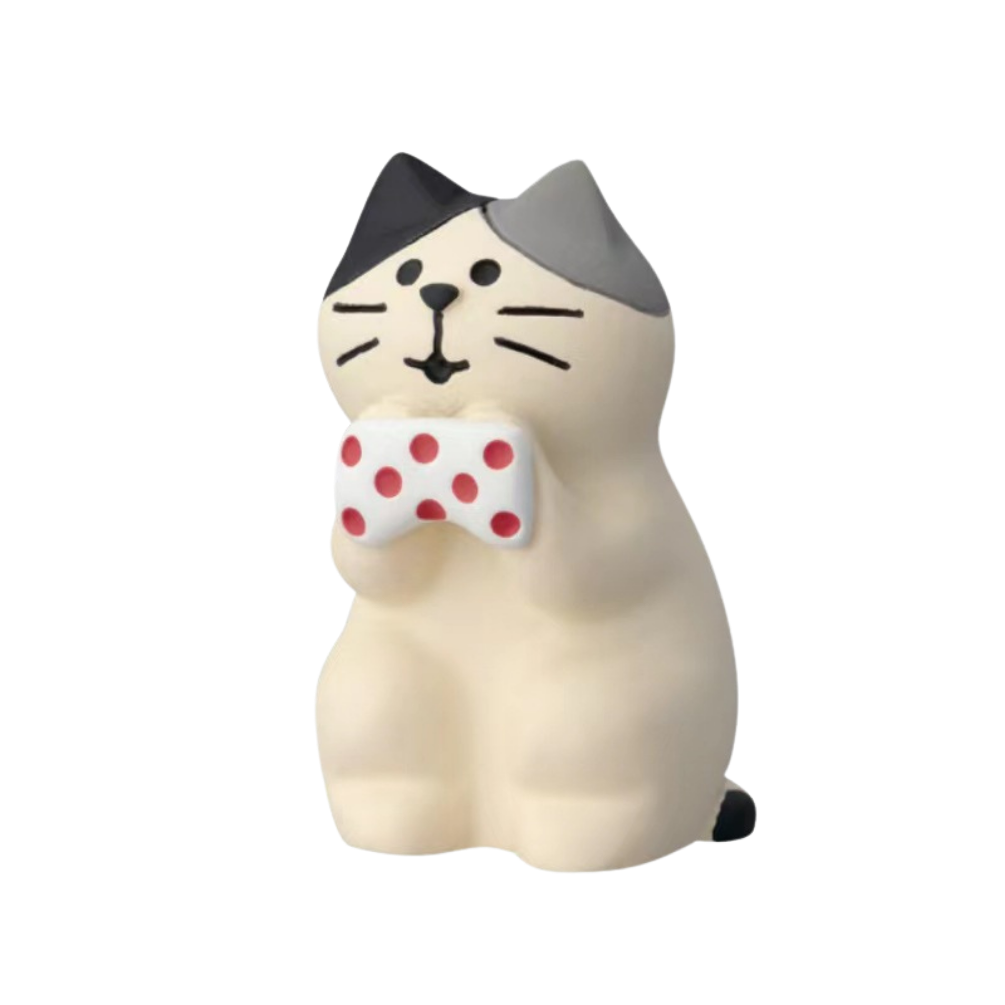 The FREE GIFT Biyu Neko Blind Box by IREN Shizen features a collectible cat figurine with a gray and black head, holding a white item with red dots—an ideal choice for cat figure enthusiasts.