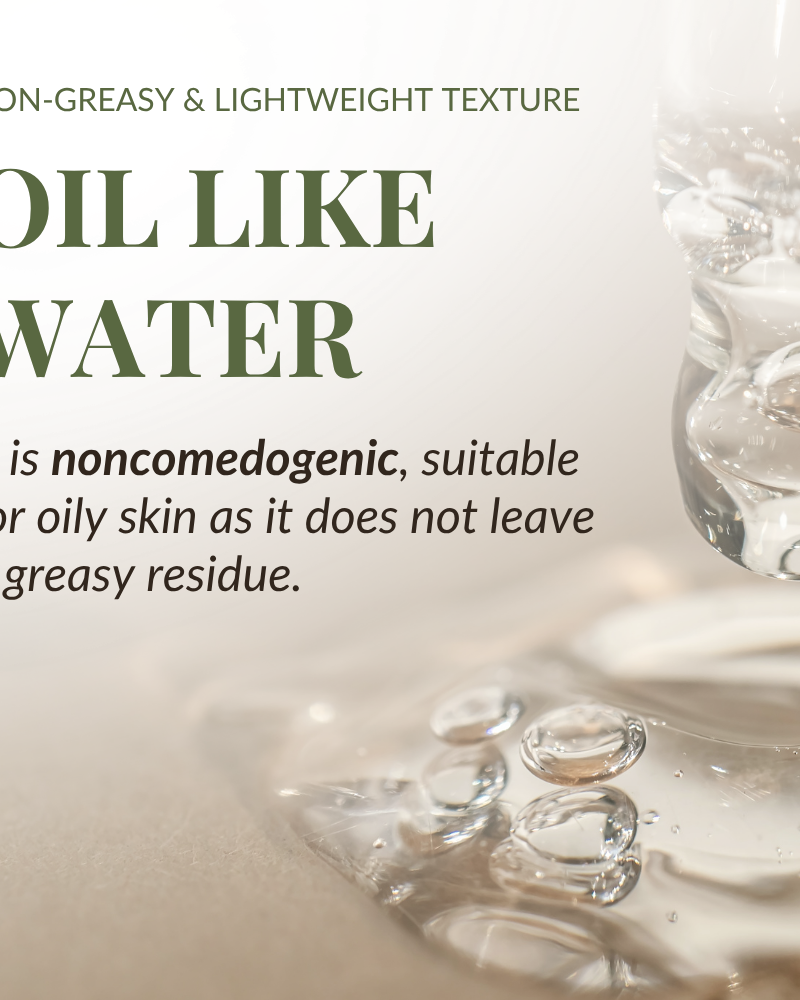 A clear liquid with bubbles is displayed on glass beside text about IREN Shizen DROP OF DEW Moisturizing Facial Oil—a non-greasy, lightweight, multi-tasking oil with prebiotics and postbiotics for oily skin and barrier repair. #show-lang-en