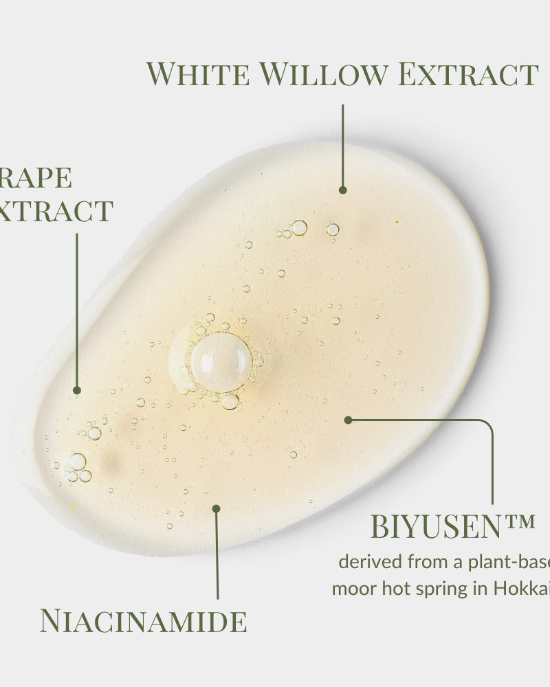 A drop of Fast Bundle’s Cloud Cleansing Kit serum—featuring white willow extract, grape extract, niacinamide, and BIYUSEN™ from Hokkaido—rests next to its gentle enzyme cleanser for a refined skincare routine.