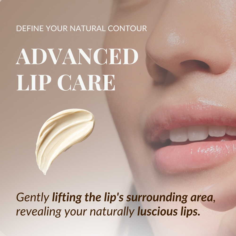 Close-up of a woman's smooth lower face and lips, with text on advanced care and a cream smear, highlighting how IREN Shizen TIMELESS ELIXIR Multi-Lift Eye and Lip Cream reduces dark circles for a rejuvenated look. #show-lang-en