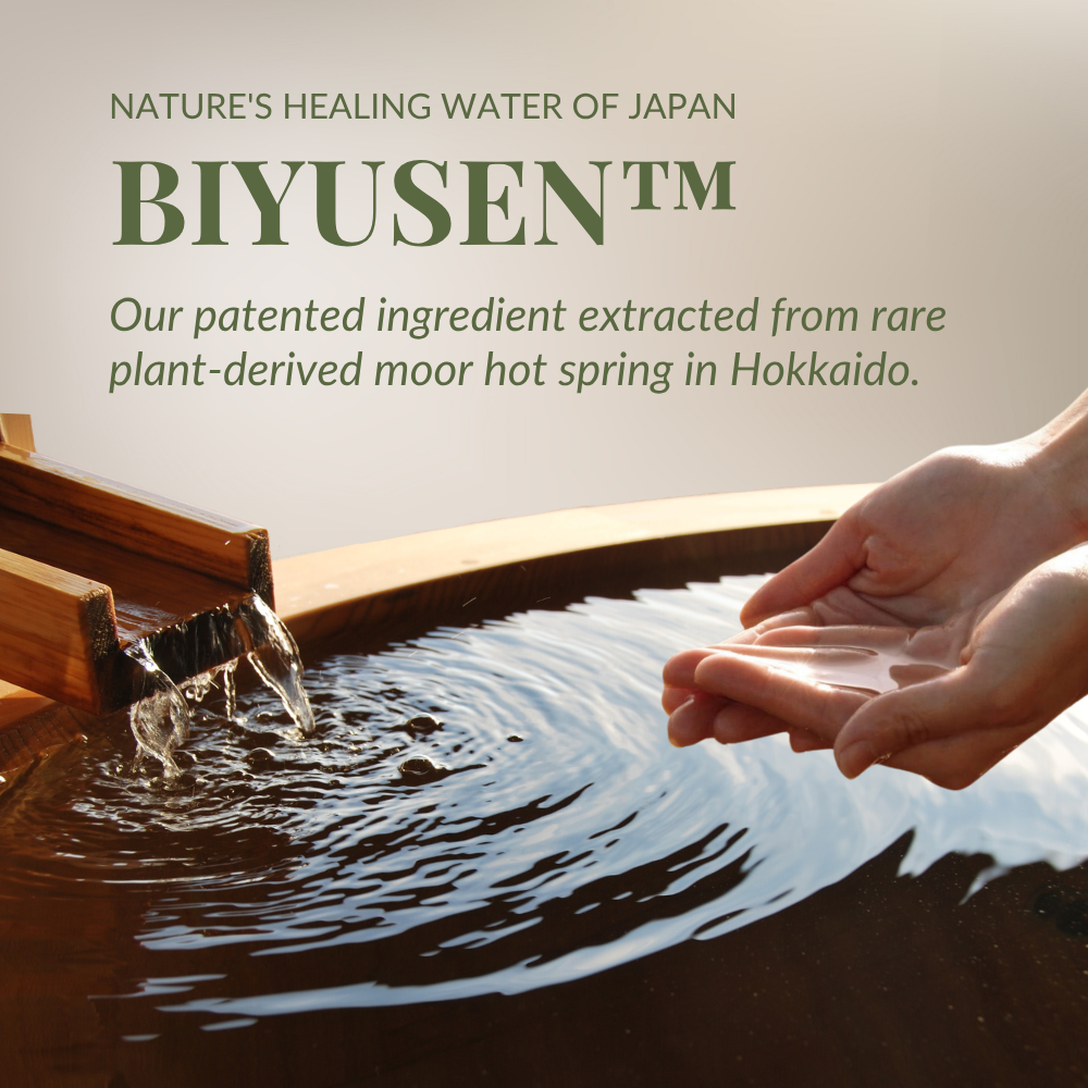 A person cupping water from a wooden basin, with text promoting IREN Shizen GLOW-GETTER Renewal Serum, featuring plant-derived BIYUSEN™ from a Hokkaido moor hot spring to gently exfoliate and support skin barrier renewal. #show-lang-en