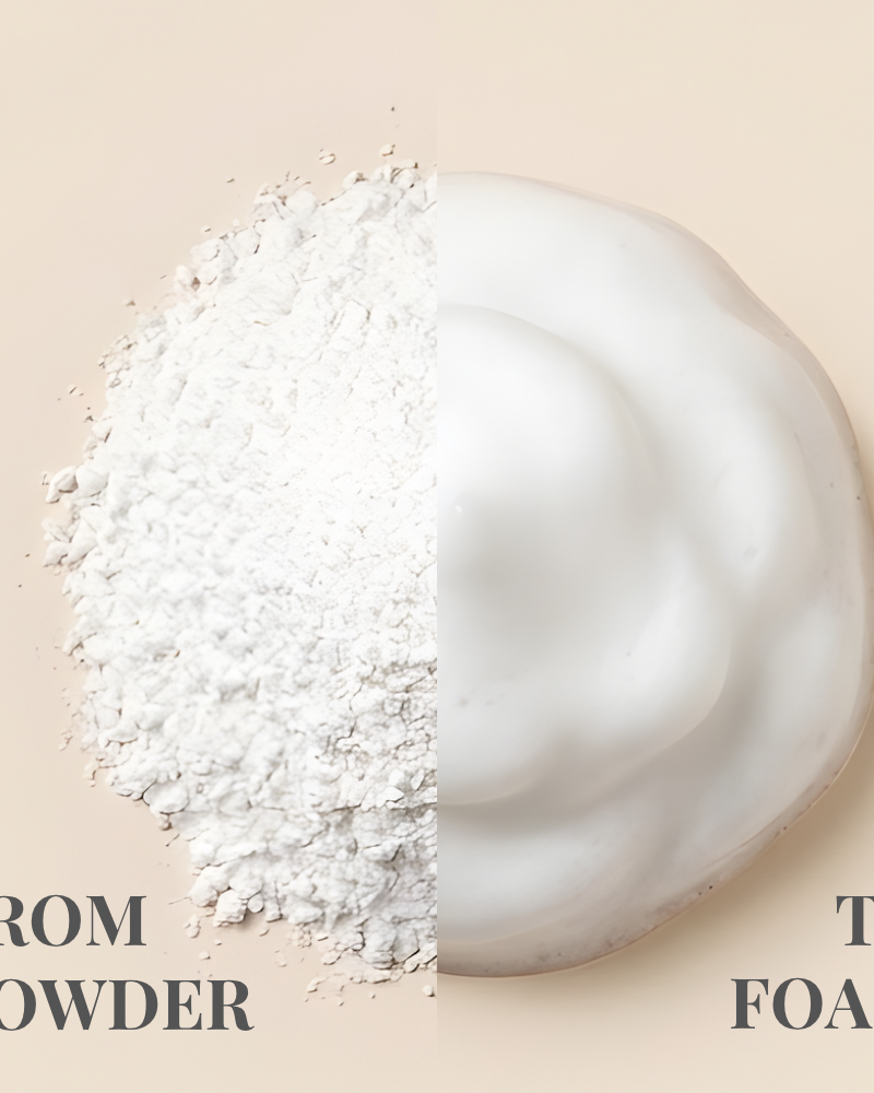 A pile of Cloud Cleansing Kit powder by Fast Bundle on the left transforms into white foam on the right, with "FROM POWDER TO FOAM" text at the bottom.