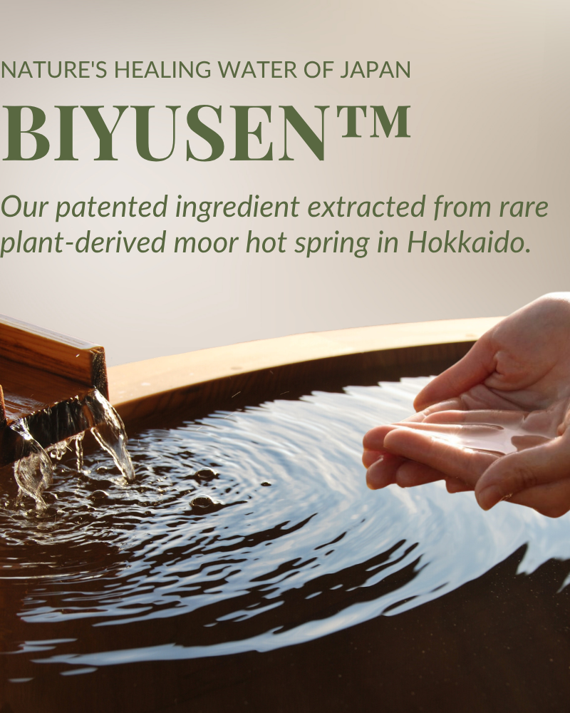 A person's hands gather water from a wooden basin filled by a spout, with text promoting IREN Shizen’s CLEARER DAYS Anti-Blemish Serum, featuring Hokkaido moor hot spring extract to help treat acne and improve skin clarity. #show-lang-en