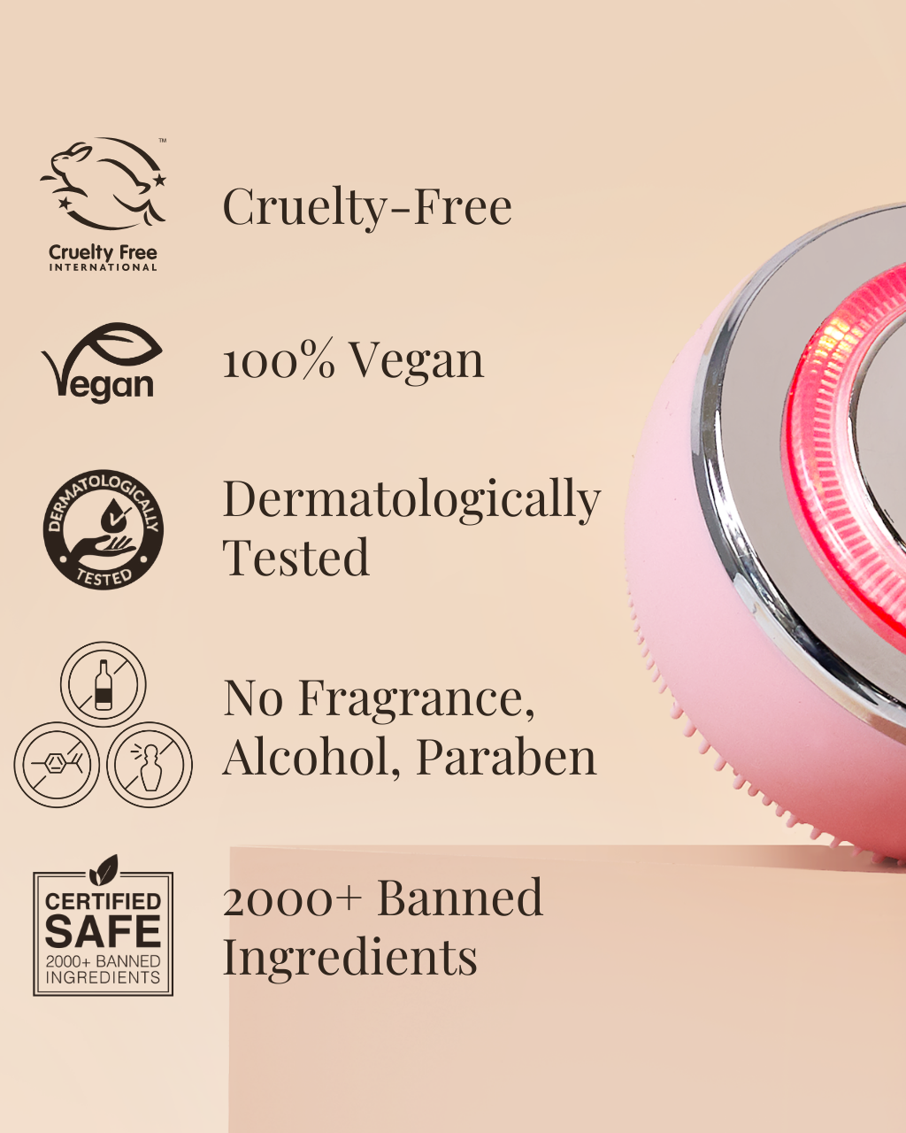 A pink SKIN GENIE PRO Hydration Set by IREN Shizen with a glowing red LED ring, beside text: cruelty-free, vegan, dermatologist-tested, no fragrance/alcohol/paraben, 2000+ banned ingredients. #show-lang-en #all-groups