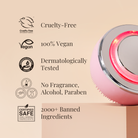 The CLEARER DAYS Anti-Blemish Serum by IREN Shizen is a pink skincare device with glowing red light, designed for acne treatment. The product packaging includes text and logos indicating it is cruelty-free, vegan, dermatologist tested, fragrance-free, alcohol-free, paraben-free, and contains 2000+ banned ingredients. #show-lang-en
