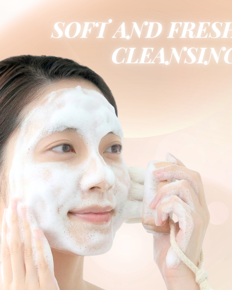 A person uses the Fast Bundle Cloud Cleansing Kit, featuring a gentle enzyme cleanser and a facial cleansing brush. Text on image reads, "Soft and Fresh Cleansing.