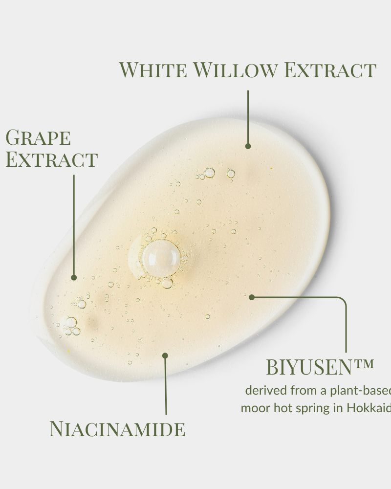 Iren Shizen’s CLEARER DAYS Anti-Blemish Serum is a clear niacinamide formula with a bubble, highlighting white willow and grape extracts plus BIYUSEN™ (from Hokkaido moor hot spring) to target acne and balance sebum. #show-lang-en