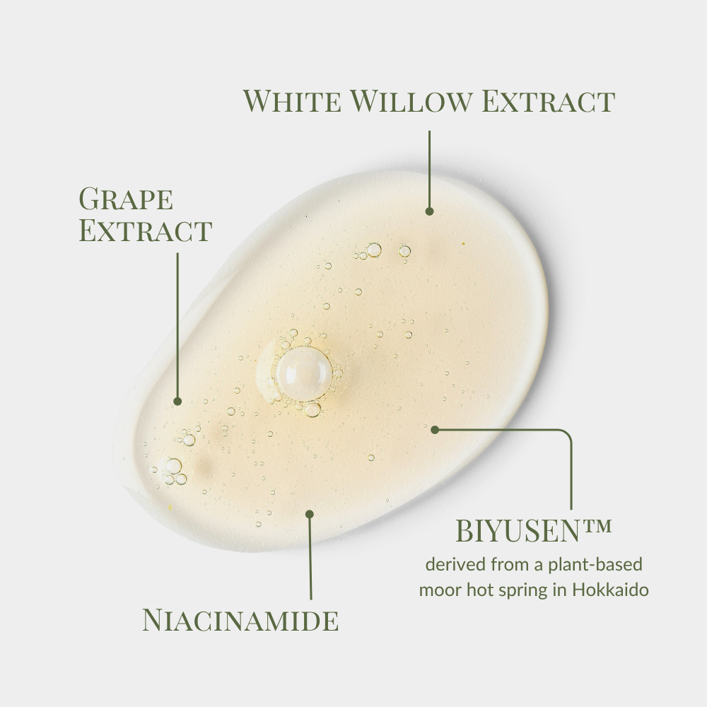 Iren Shizen’s CLEARER DAYS Anti-Blemish Serum is a clear niacinamide formula with a bubble, highlighting white willow and grape extracts plus BIYUSEN™ (from Hokkaido moor hot spring) to target acne and balance sebum. #show-lang-en