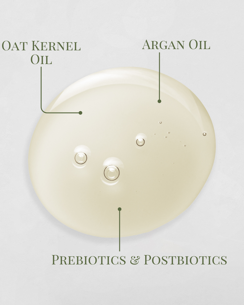 A drop of IREN Shizen’s DROP OF DEW Moisturizing Facial Oil, enriched with oat kernel and argan oils, showcases its multi-benefit formula with prebiotics and postbiotics, highlighted on a light background.
#show-lang-en