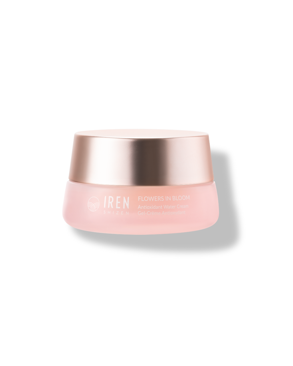 IREN Shizen's FLOWERS IN BLOOM Antioxidant Water Cream jar with label against a white background.
