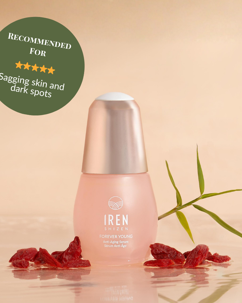 A bottle of IREN Shizen FOREVER YOUNG Anti-Aging Serum is shown with dried red berries and a green twig, plus a badge recommending it for sagging skin and dark spots. #show-lang-en