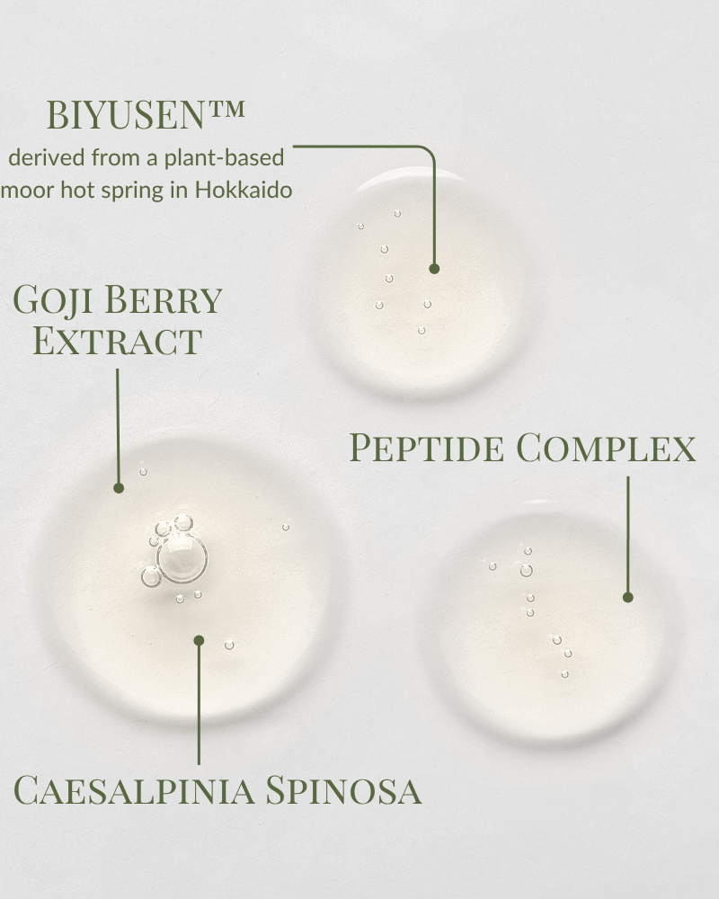 Three drops of IREN Shizen FOREVER YOUNG Anti-Aging Serum with Goji Berry Extract, Peptide Complex, and Caesalpinia Spinosa on a light background, showcasing its collagen-boosting and anti-aging benefits. #show-lang-en