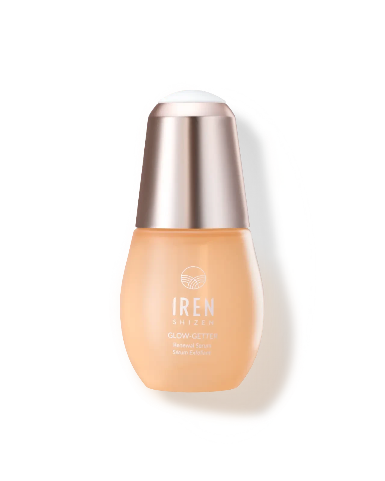 A bottle of GLOW-GETTER Renewal Serum by IREN Shizen, a Japanese skincare brand, on a white background.