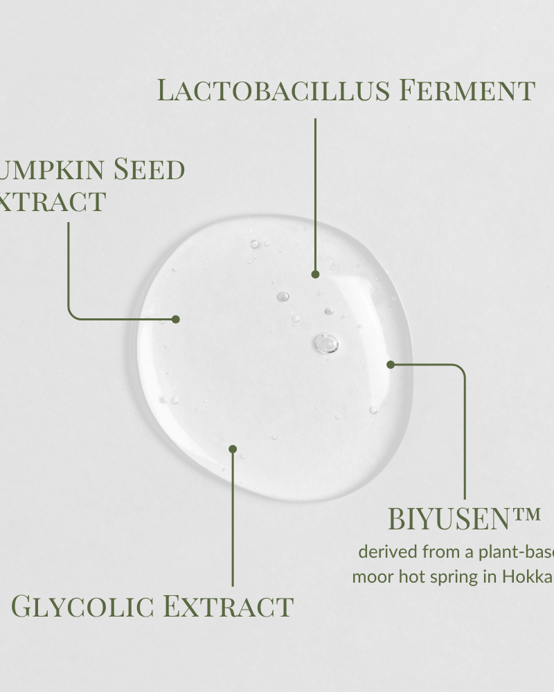 Iren Shizen’s GLOW-GETTER Renewal Serum features a clear gel with Lactobacillus ferment, pumpkin seed extract, glycolic extract, and BIYUSEN™ from Hokkaido to exfoliate skin and reduce blackheads. #show-lang-en