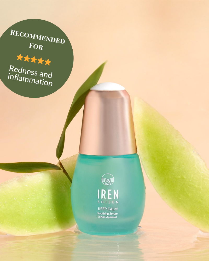 The KEEP CALM Soothing Serum by IREN Shizen is shown with melon slices and a green badge, highlighting its suitability for redness, inflammation, eczema, and sensitive skin. #show-lang-en