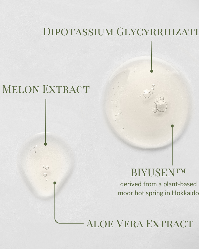 Two clear gel drops on a light background, labeled with melon extract, aloe vera extract, dipotassium glycyrrhizate, and plant-based BIYUSEN™ in IREN Shizen KEEP CALM Soothing Serum—ideal for sensitive skin or calming routines.
#show-lang-en