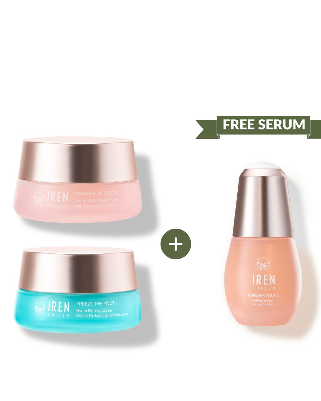 MOISTURE SANDWICH Skincare Kit by IREN Shizen, featuring two jars of Hydra Firming Cream and one bottle of face serum with a "Free Serum" label on the image.