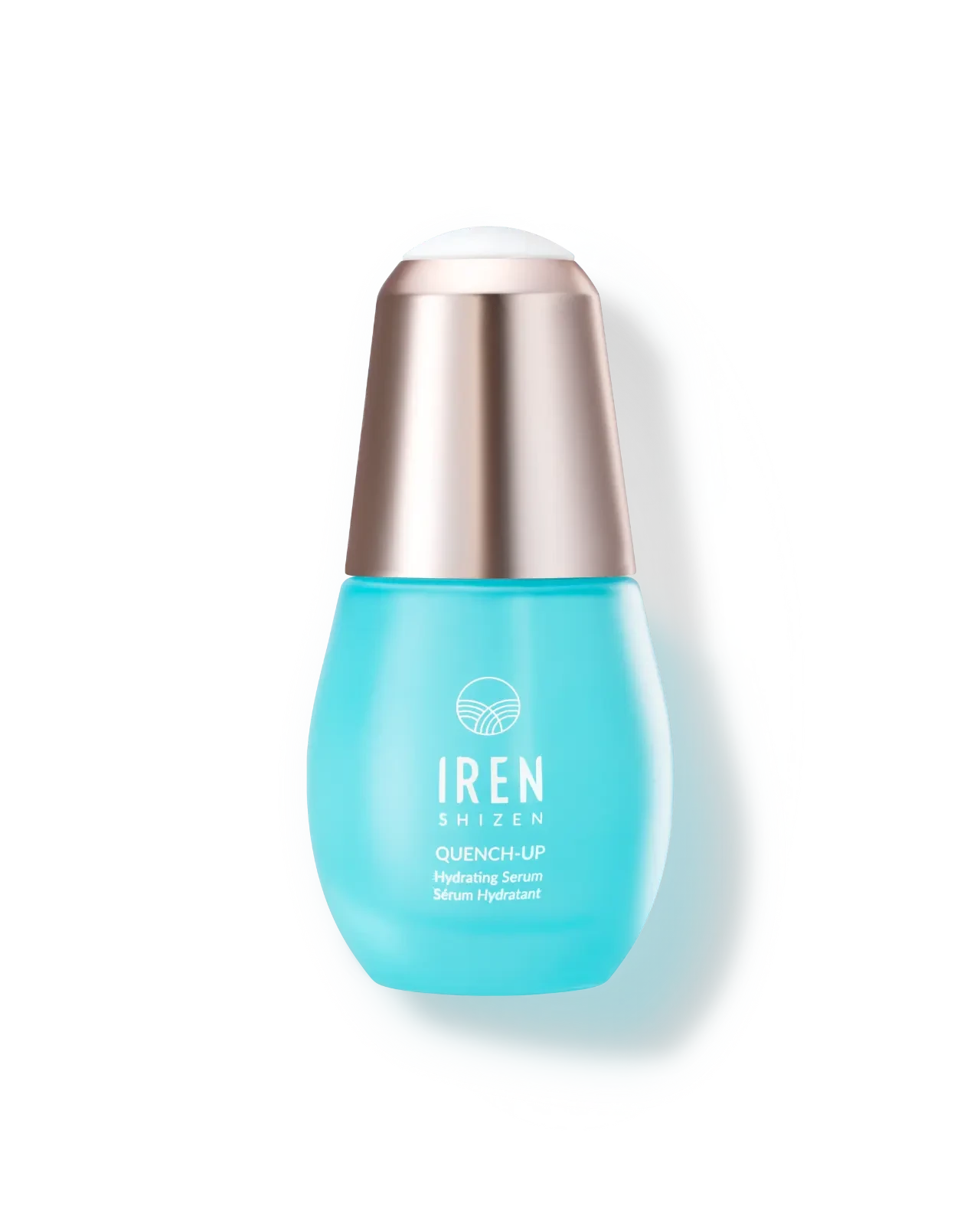A bottle of QUENCH-UP Hydrating Serum by IREN Shizen, a customised Japanese skincare product, on a white background.