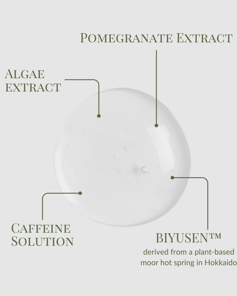 IREN Shizen’s SKIN REBOOT Antioxidant Serum, a clear gel containing pomegranate extract, algae extract, caffeine solution, and BIYUSEN™, helps reduce dark circles for a brighter under-eye area. #show-lang-en