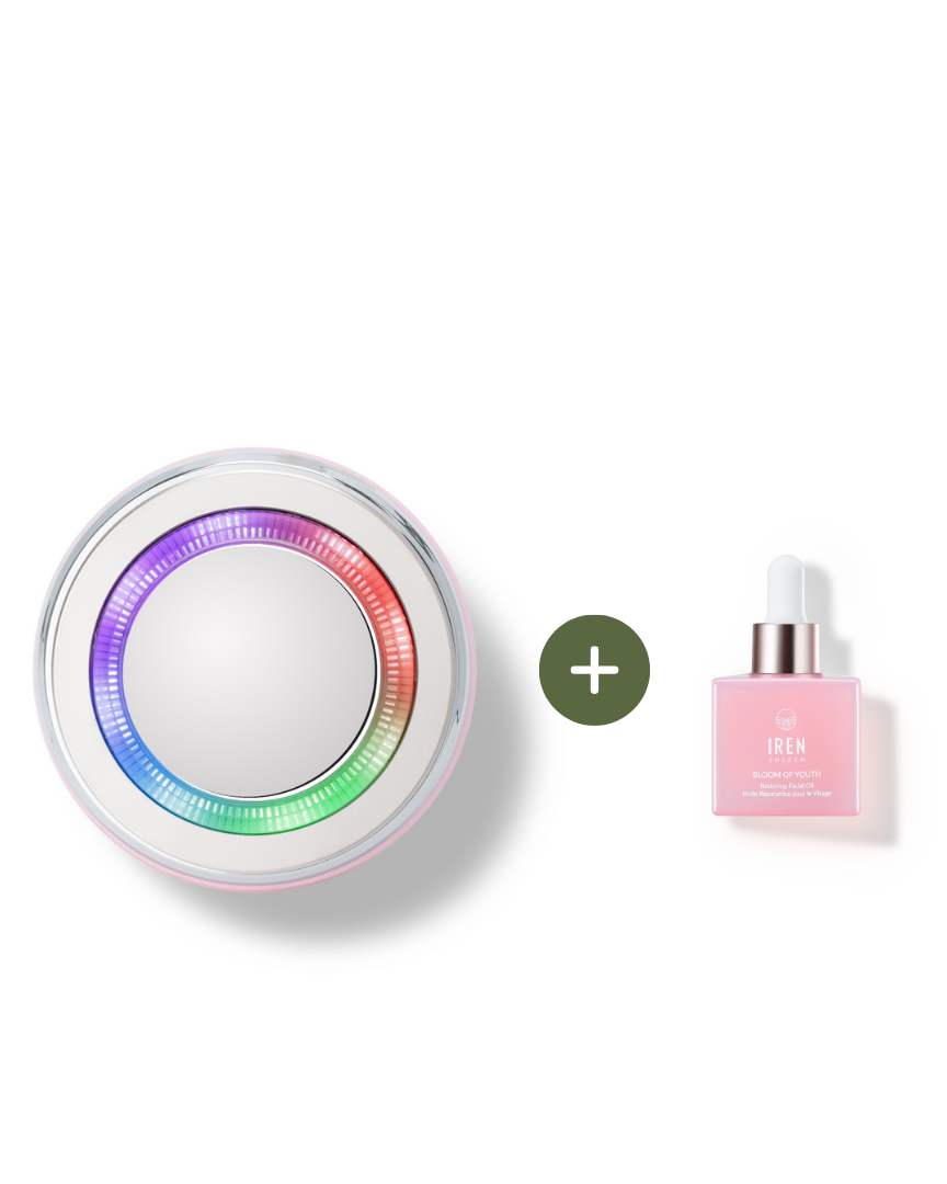 The Fast Bundle SKIN GENIE PRO Hydration Set, featuring the LED skincare device and pink IREN serum bottle, is shown side by side with a plus sign on a white background.