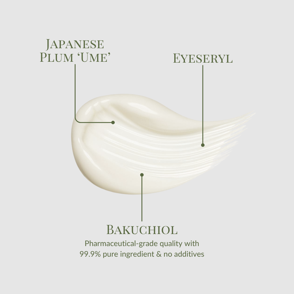 IREN Shizen's TIMELESS ELIXIR Multi-Lift Eye and Lip Cream blends Japanese Plum 'Ume', Eyeseryl, and pharmaceutical-grade Bakuchiol for a potent anti-aging formula—99.9% pure, additive-free, ideal for dark circles. #show-lang-en