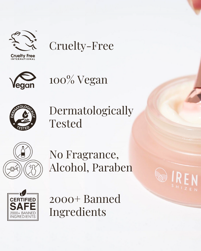 Close-up of the TIMELESS ELIXIR Multi-Lift Eye and Lip Cream by IREN Shizen, showcasing its features: cruelty-free, 100% vegan, dermatologically tested, free from fragrance, alcohol and parabens, with over 2000 banned ingredients. Enriched with Bakuchiol for eye area rejuvenation and anti-aging benefits. #show-lang-en