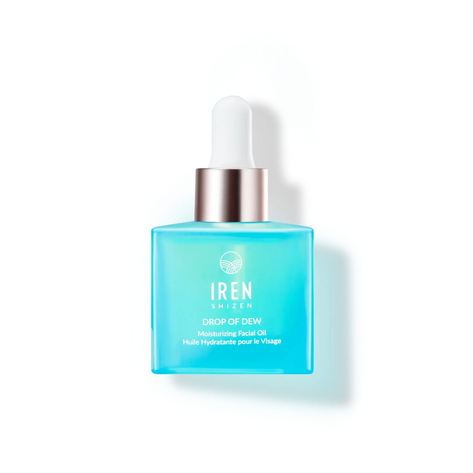 Un flacon de soin japonais personnalisé DROP OF DEW d’IREN Shizen sur fond noir.