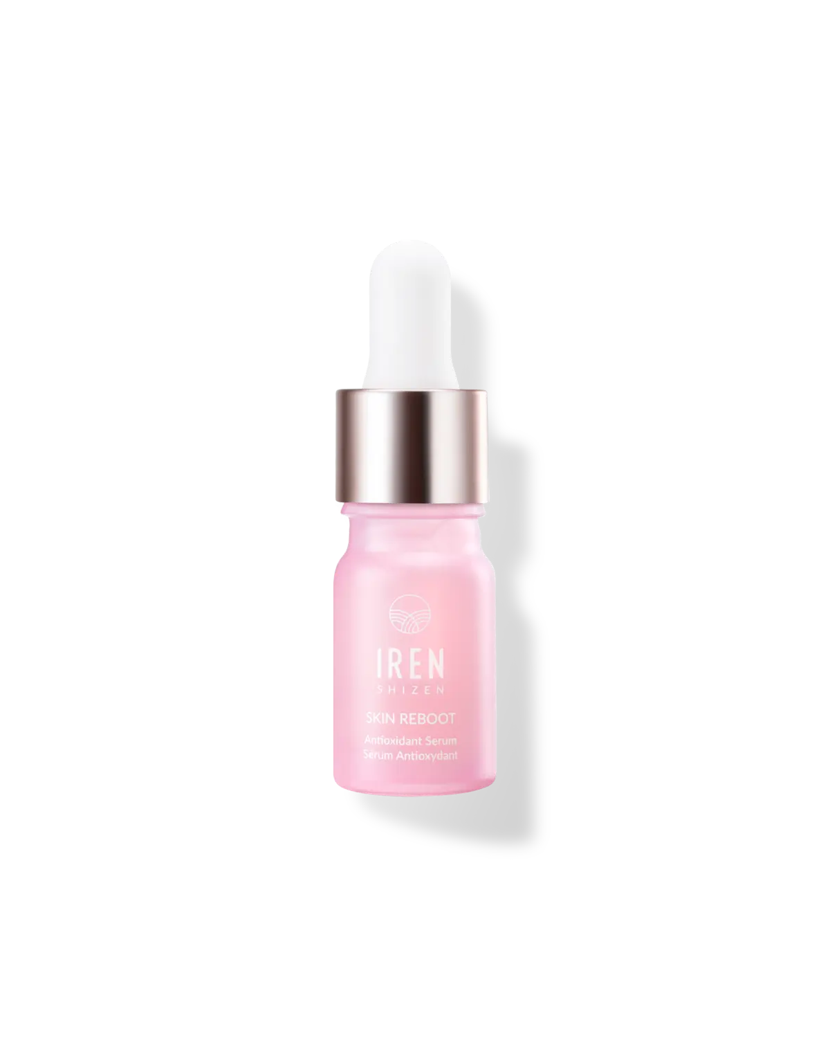 A bottle of SKIN REBOOT Antioxidant Serum by IREN Shizen on a black background.