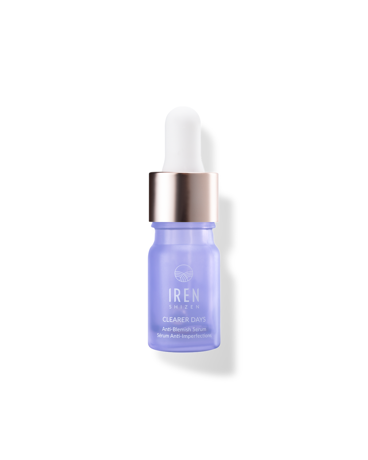 A bottle of IREN Shizen CLEARER DAYS Anti-Blemish Serum on a black background.