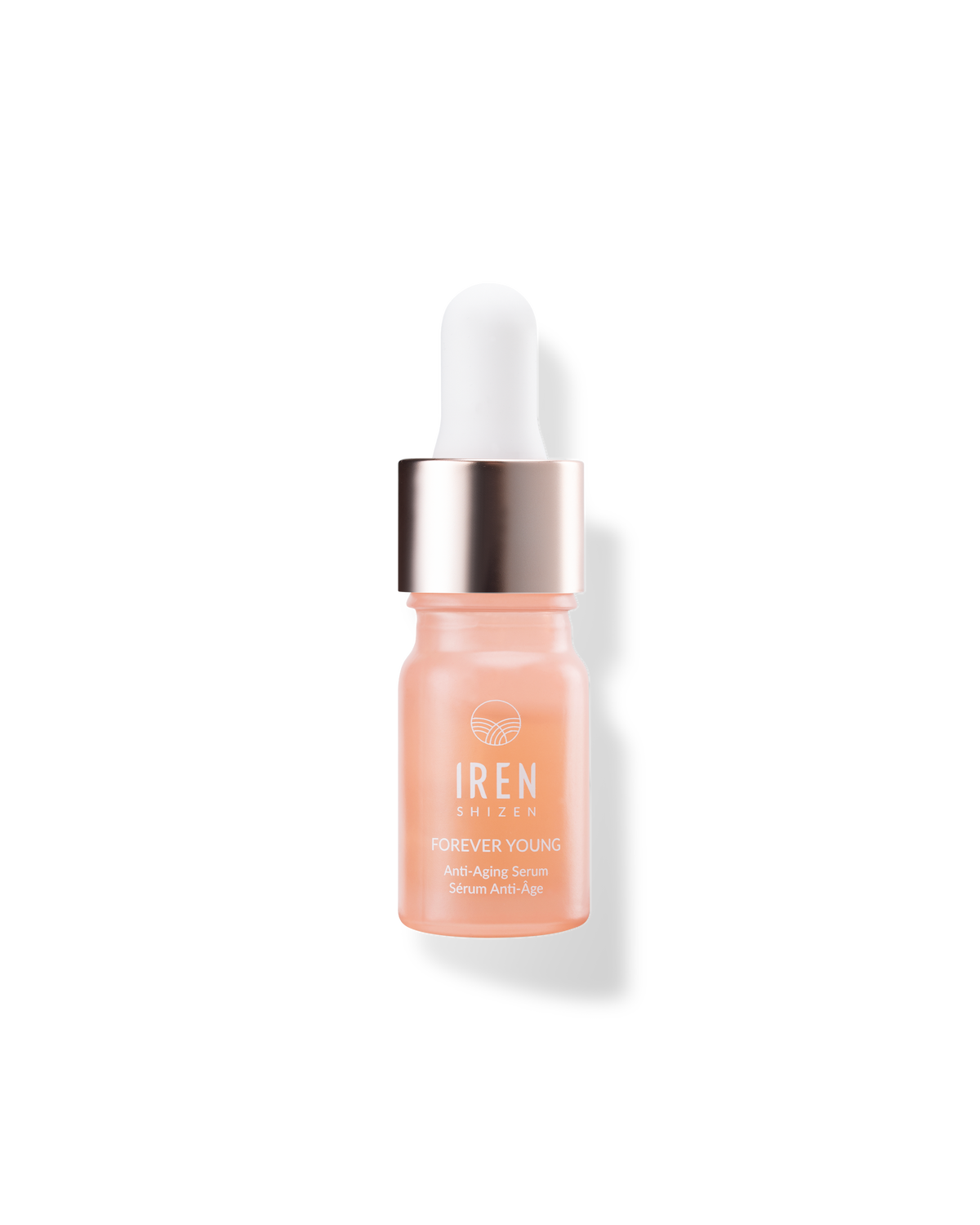 A bottle of IREN Shizen FOREVER YOUNG Anti-Aging Serum on a black background.