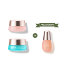 The MOISTURE SANDWICH Skincare Kit by IREN Shizen features two colorful jars and a pink "FREE SERUM" bottle on a white background—ideal for boosting hydration and enhancing serum absorption.  #show-lang-en #all-groups