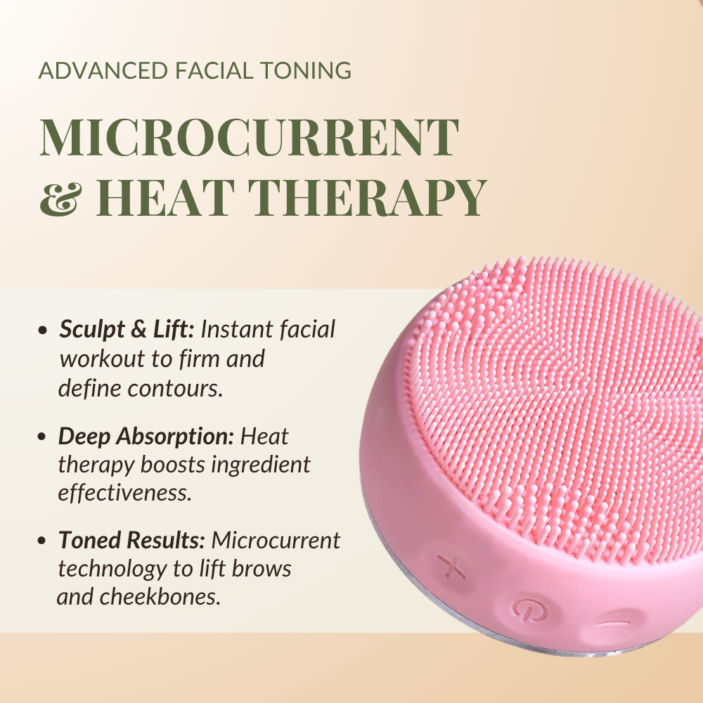 The IREN Shizen SKIN GENIE PRO Cleansing Brush + LED Light Therapy with textured surface and buttons is shown beside text highlighting microcurrent massage and heat therapy benefits for advanced facial toning.
