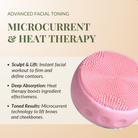 The IREN Shizen SKIN GENIE PRO Cleansing Brush + LED Light Therapy with textured surface and buttons is shown beside text highlighting microcurrent massage and heat therapy benefits for advanced facial toning.