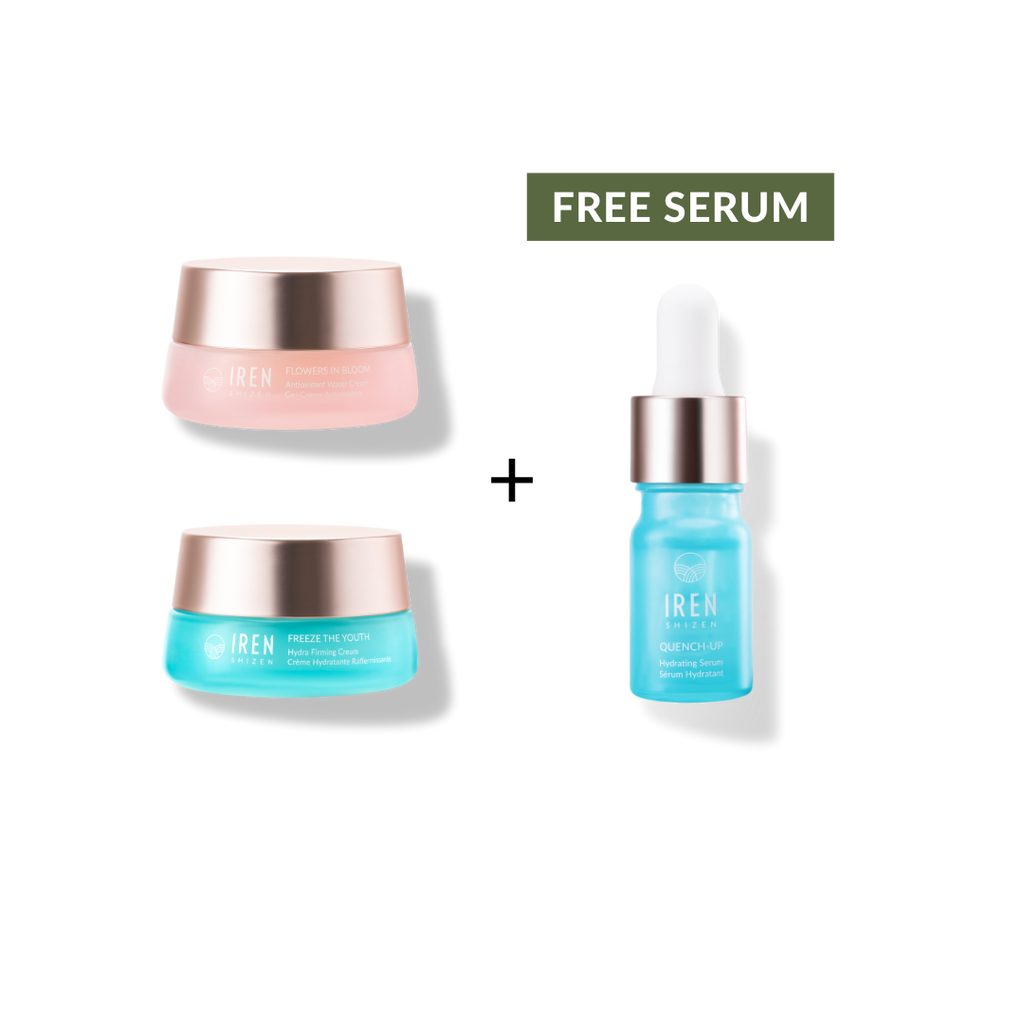 Three skincare products from IREN Shizen: two moisturizing creams in pink and teal jars, and a blue MOCHI SKIN Instant Glow serum in a dropper bottle with "free serum" text above.