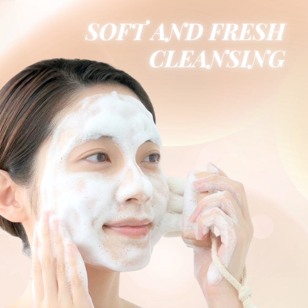 A person uses the IREN Shizen Facial Cleansing Brush with ultra-soft bristles and a foaming cleanser, while “SOFT AND FRESH CLEANSING” appears in the background.