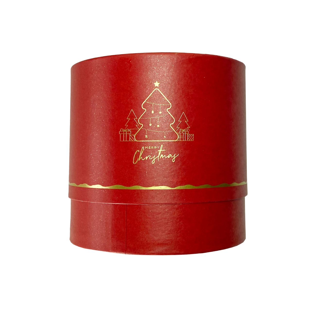 The FOR THE PALS Xmas Round Gift Box by IREN Shizen is a red cylindrical gift box featuring a Christmas tree design and gold "Merry Christmas" text.