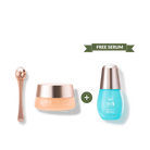 The TIMELESS ELIXIR Multi-Lift Eye and Lip Cream by IREN Shizen includes an anti-aging formula in a small jar with a rose gold spoon for precise eye application, plus a "Free Serum" blue bottle featuring Bakuchiol to enhance youthful radiance.