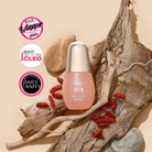 FOREVER YOUNG Anti-Aging Serum by IREN Shizen, shown on driftwood with goji berries and award badges for Best Winner 2018, Beauty Hall of Fame Cleo, and Daily Vanity—promotes anti-aging and supports collagen production.