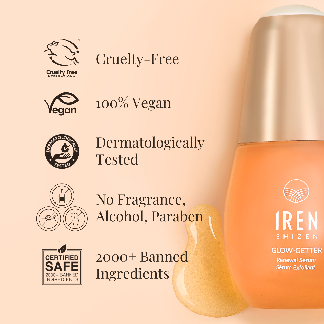 A GLOW-GETTER Renewal Serum bottle from IREN Shizen is placed next to a list of its features: cruelty-free, 100% vegan, dermatologically tested, free from fragrance, alcohol, and parabens, enriched with Pumpkin Seed Extract and Glycolic Acid, and formulated without over 2000 banned ingredients.