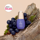 A bottle of IREN Shizen CLEARER DAYS Anti-Blemish Serum sits among grapes and tree bark, featuring a "Beauty Hall of Fame CLEO" badge in the top left corner.