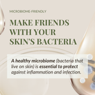 A graphic for IREN Shizen BLOOM OF YOUTH Restoring Facial Oil shows how prebiotics and postbiotics help protect the skin microbiome and barrier, guarding against inflammation and infection. Design features two droplets with microbial imagery.