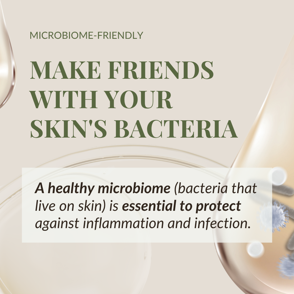 Text graphic emphasizes how IREN Shizen DROP OF DEW Moisturizing Facial Oil, enriched with prebiotics and postbiotics, supports skin microbiome health and barrier repair, protecting against inflammation and infection with abstract droplet illustrations.