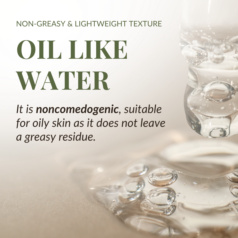 A close-up of clear droplets and a glass, with text about IREN Shizen’s BLOOM OF YOUTH Restoring Facial Oil—a non-greasy, lightweight formula with prebiotics and postbiotics to support the skin barrier, ideal for oily skin.