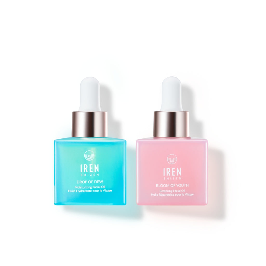 Two bottles of IREN Shizen MICROBIOME REPAIR Pre and Postbiotic Facial Oils on a white background.