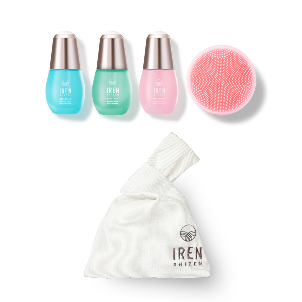 IREN Shizen's DEW UP PRO Skin Genie Pro + Hydrating Set is a customized Japanese skincare cleansing kit featuring three bottles and a bag.