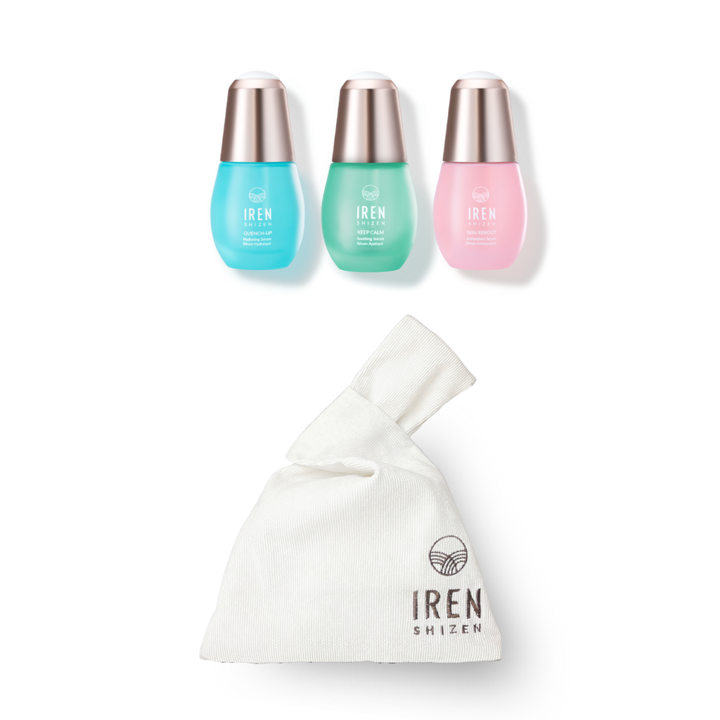 DEW UP Hydrating Set by IREN Shizen - Japanese skincare with customized formulations in three bottles and a bag.